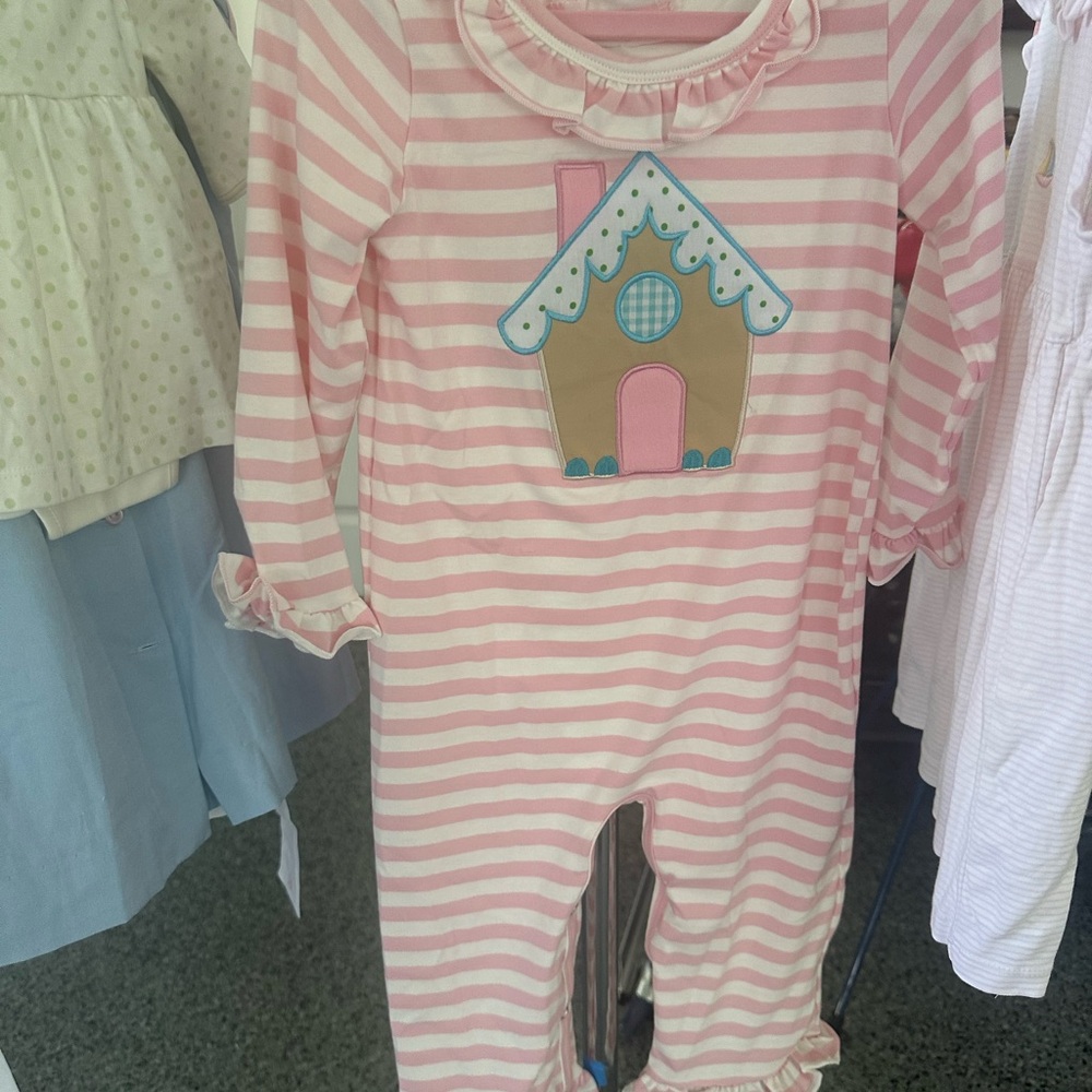 Pink Striped Baby Romper with Gingerbread House